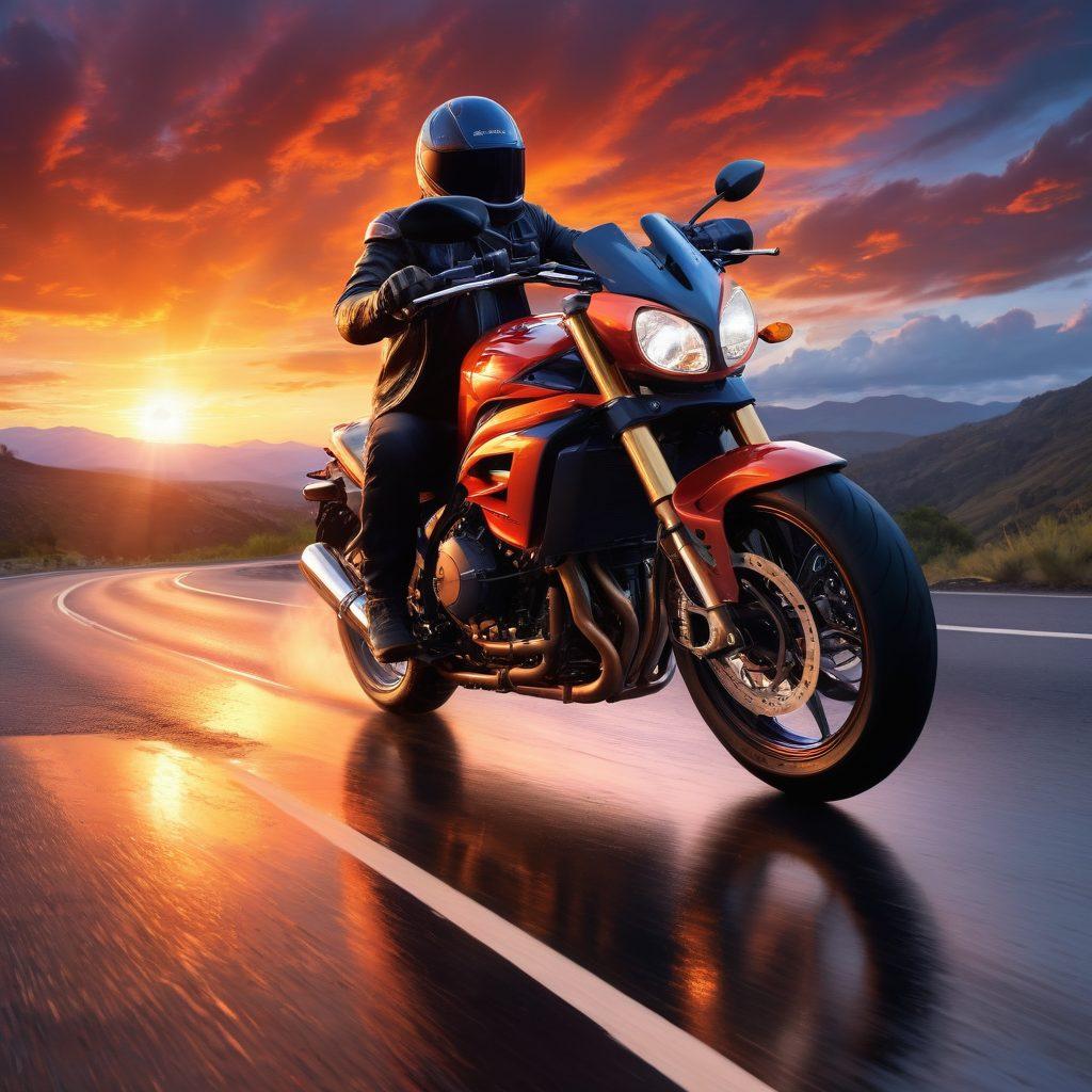 A powerful motorcycle revving up on a scenic mountain road, exhaust visible with vibrant sound waves in bright colors radiating outward. Sun setting in the background with dramatic clouds, a sense of adventure in the air. Include a rider in a leather jacket gripping the handlebars, showing exhilaration. The asphalt glistens with reflections of the fiery sunset. super-realistic. vibrant colors. 3D.