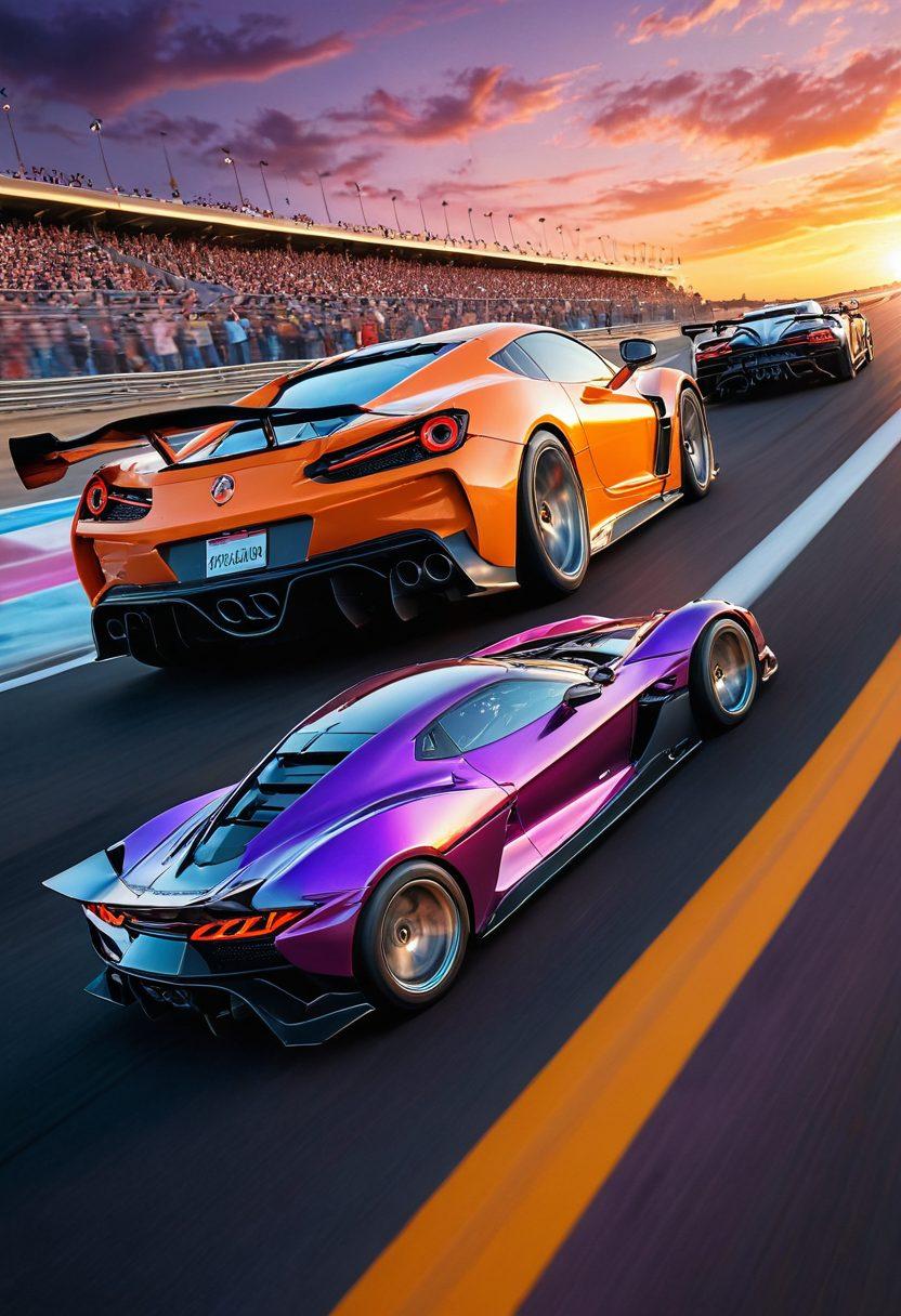 A dynamic scene featuring various high-performance vehicles, including sports cars, motorcycles, and racing cars, in motion on a winding racetrack. The vehicles should be depicted with motion blur to emphasize speed, while sound waves visually radiate from the engines. The background includes cheering crowds and a vibrant sunset sky, enhancing the exhilarating atmosphere. super-realistic. vibrant colors. 3D.