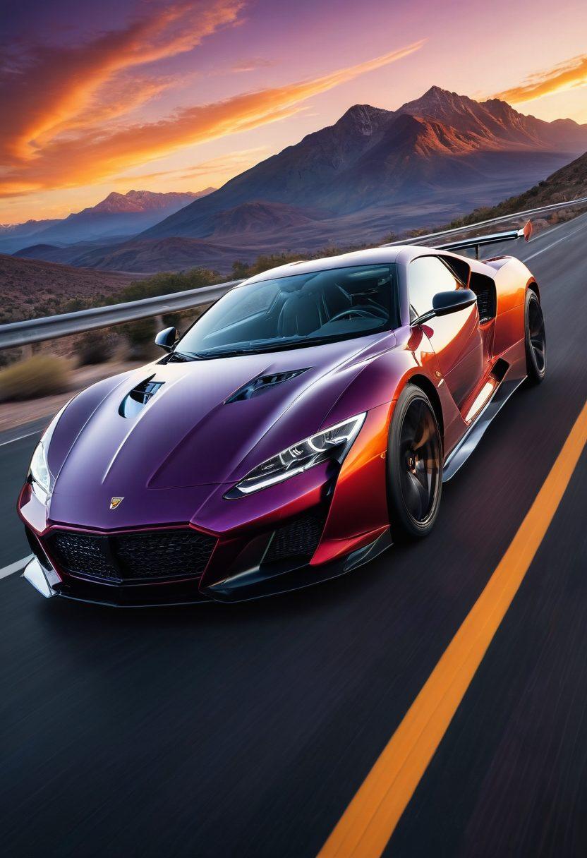 A dynamic scene capturing the thrill of driving with a sports car roaring down an open road, surrounded by breathtaking landscapes. The image should showcase a close-up of the car's engine with visible movement lines to depict speed, while vibrant sound waves emanate from the exhaust, symbolizing the connection between engine sounds and adventure. Include elements like mountains in the background and a sunset sky. super-realistic. vibrant colors. cinematic lighting.
